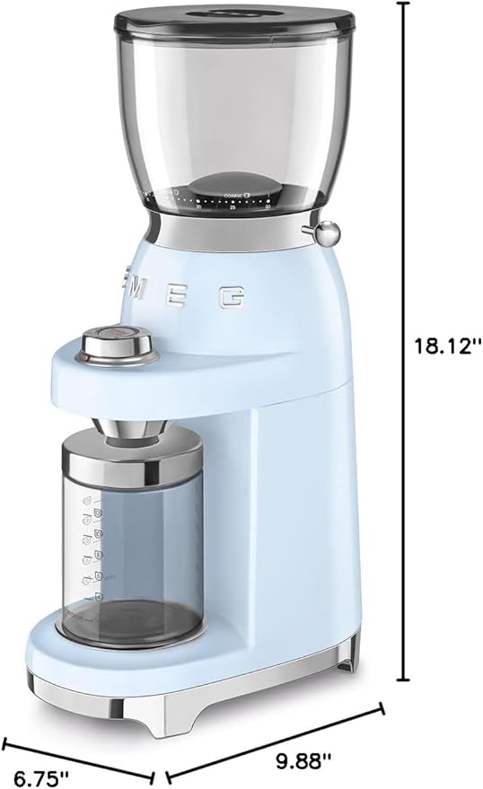 SMEG CGF11 Retro-Style Coffee Grinder – Burr Mill with 30 Grind Settings, Stainless Steel Conical Burrs, Removable Hopper – Precision Countertop Grinder for Espresso, Drip, French Press-Pastel Blue