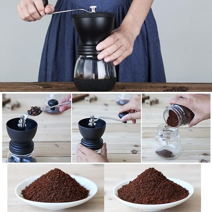 Manual Coffee Grinder with Ceramic Burr and Glass Container for Espresso Beans