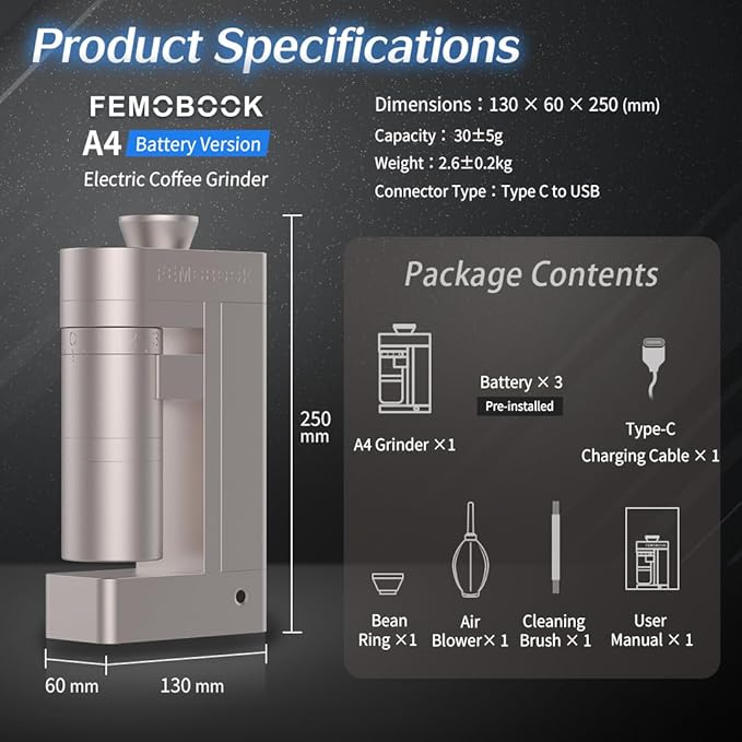 Femobook-A4 Electric Burr Coffee Grinder, Single Dose Espresso Grinder USB Rechargeable Cordless Burr Grinder with Replaceable Batteries, Champagne Gold