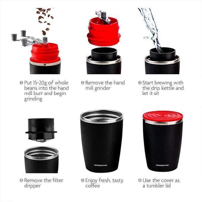 OVENTE Manual Coffee Grinder & Maker, Portable Hand Coffee Bean Mill with Ceramic Burr, Foldable Stainless Steel Grinding Handle & Filter Dripper, Outdoor Tumbler for Traveling or Camping, Red CMB281R