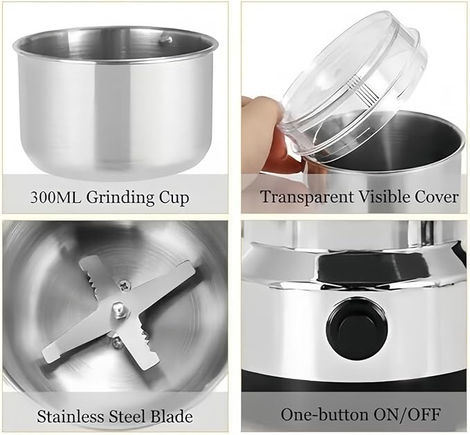 Electric Coffee Grinder & Mini Grain Crusher, 200W Fast Grinding with Stainless Steel Bowl and Blades,100g Capacity One Botton On/Off Switch | for Coffee Beans, Spices, Seeds, Herbs Dry Food Mill