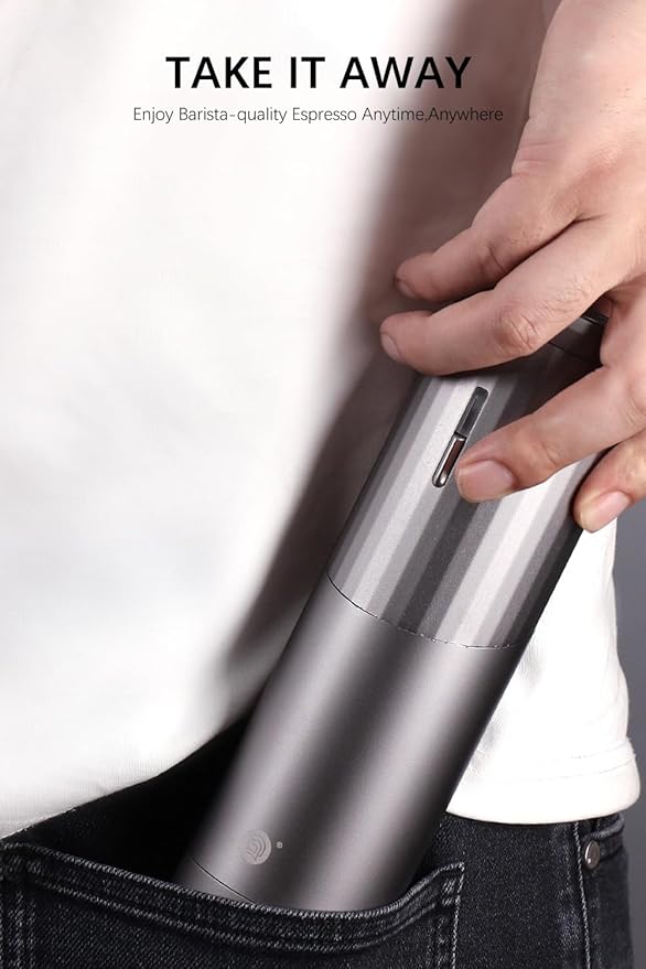 Electric Coffee Grinders, Portable Burr Grinder Capacity 50g w/Magnetic Cover,External Adjustable Setting, Aluminum Alloy Body, 800mAh Battery(Stand not Included) (Silver)