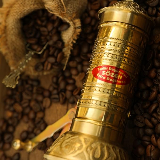 Sozen 7.6" Hammered Manual Coffee Grinder Brass – Hand Crank Burr Mill for Turkish Coffee, French Press, Espresso, Camping & Home Use – Portable Coffee Bean Grinder, Adjustable Conical Grinder