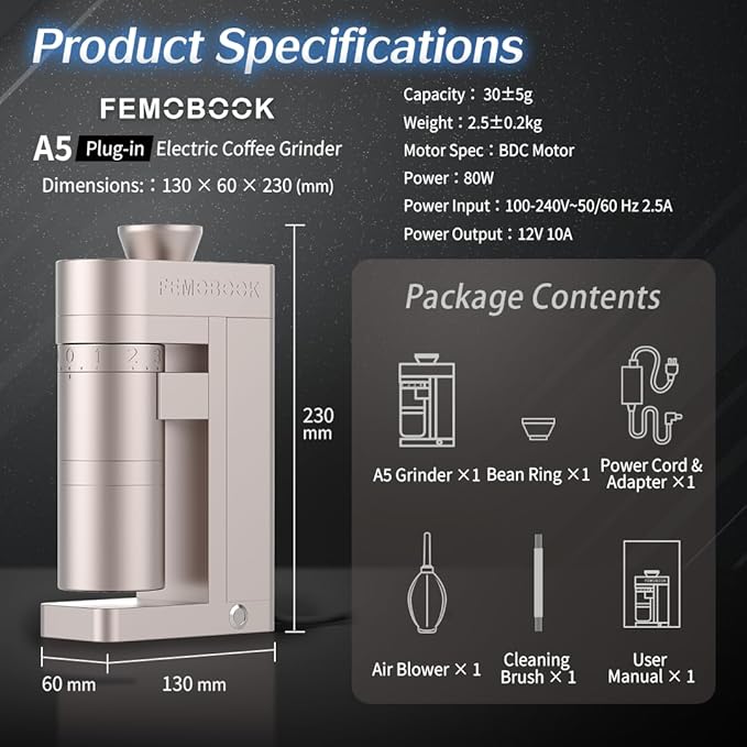 FEMOBOOK-A5 Electric Burr Coffee Grinder, Plug-in Single Dose Espresso Grinder with 53mm Stainless Steel Conical Burr, 300+ Grind Settings,