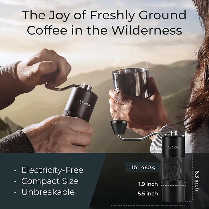 Manual Coffee Grinder by Alpaca Ventures - Stainless Steel Conical Burr Coffee Grinder Manual with Adjustable Setting Double Bearing Hand Espresso Grinder Perfect for Home, Office and Camping