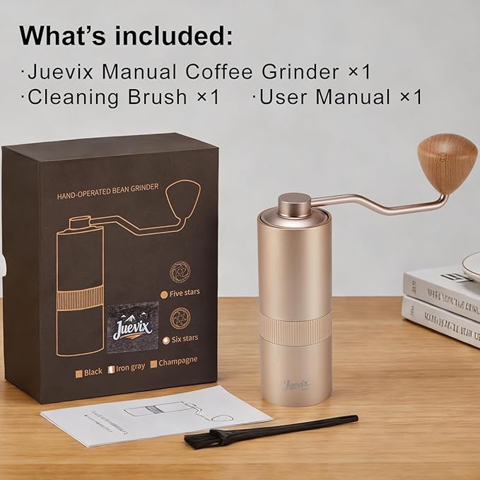 Novaα Manual Coffee Grinder,CNC Stainless Steel Hexagonal-star Conical Burr Coffee Grinder,Internal Adjustable Setting,Lightweight Grinder Setting For Camping/Travel/Home,Champagne
