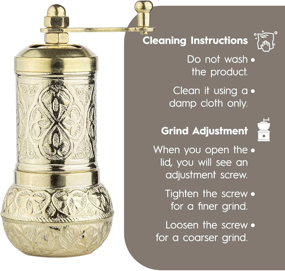 Handmade Decorative Black Pepper Grinder, Refillable Turkish Spice Mill Manual Pepper Mill with Handle, Spice Grinder Metal with Hand Crank 11 cm-4.3 inch