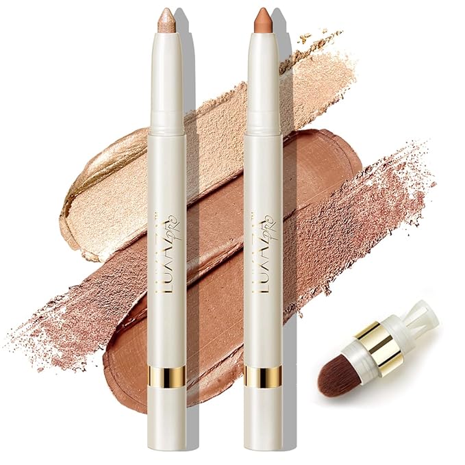 Eyeshadow Makeup Stick, Cream Shimmer, Eyeshadow Highlighter Makeup Eye Brightener Pencil Sticks Cosmetics, with Built-in Brush and Sharpener