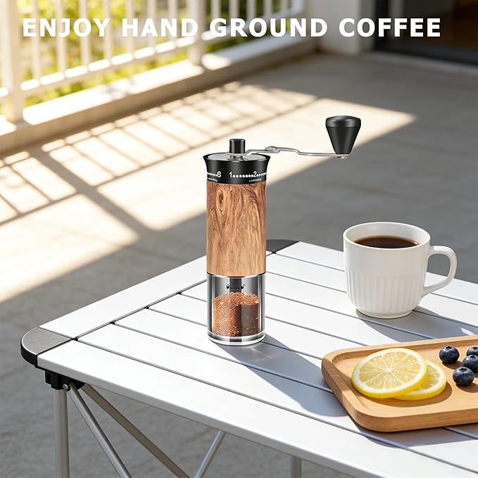 Manual Coffee Grinder with Externally Adjustable 56 Precise Grind Settings,Foldable Long Handle,Wood Grain Body & Ceramic Burr, Portable Coffee Bean Grinder for Espresso,Pour Over,French Press,Travel