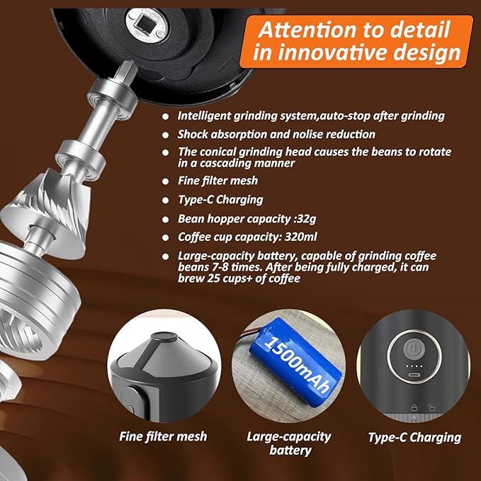 Portable Electric Burr Coffee Grinder and Brewing Combo - Rechargeable with Conical Mill & Insulated Stainless Steel Cup for Camping, Travel, Office and Outdoor Use (black)