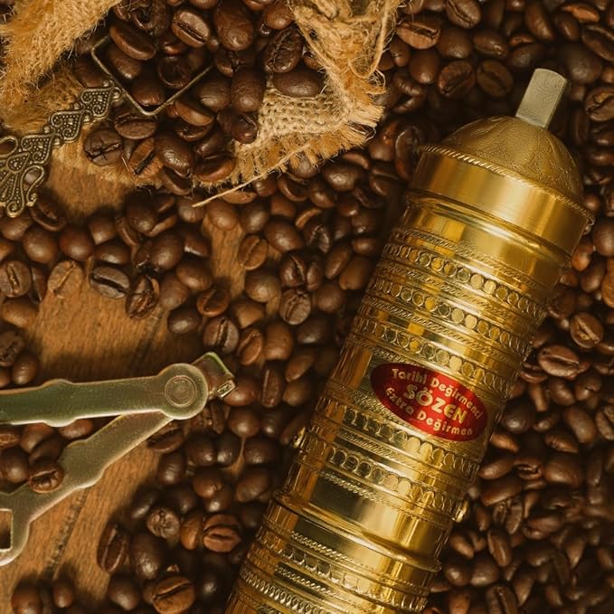 Sozen Hammered 9" Manual Coffee Grinder Brass – Hand Crank Burr Mill for Turkish Coffee, French Press, Espresso, Camping & Home Use – Portable Coffee Bean Grinder, Adjustable Conical Grinder