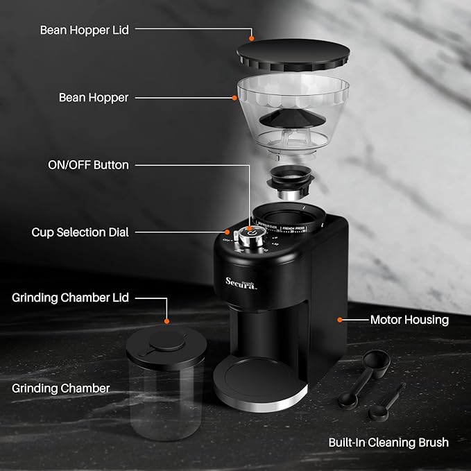 Conical Burr Coffee Grinder Electric Espresso Coffee Grinder with 35 Ajustable Precise Grind Settings for 2-12 Cup 8.8 Ounce Coffee Bean Storage