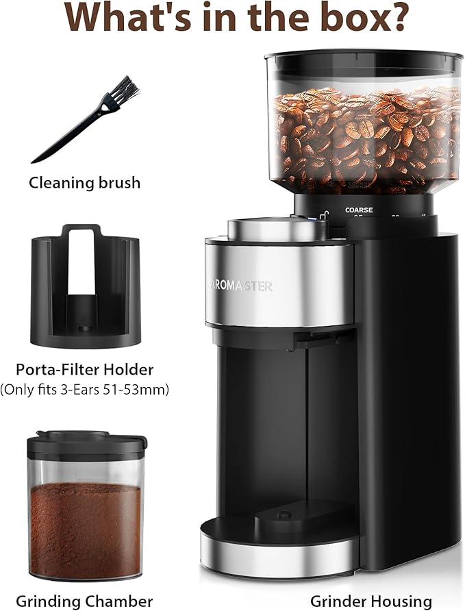 Aromaster Coffee Grinder, Coffee Bean Grinder with 25 Grind Setting, 2-12 Cups Timer, Conical Coffee Grinders for Home Use, Cleaning Brush, 3-Ears Portafilter Holder