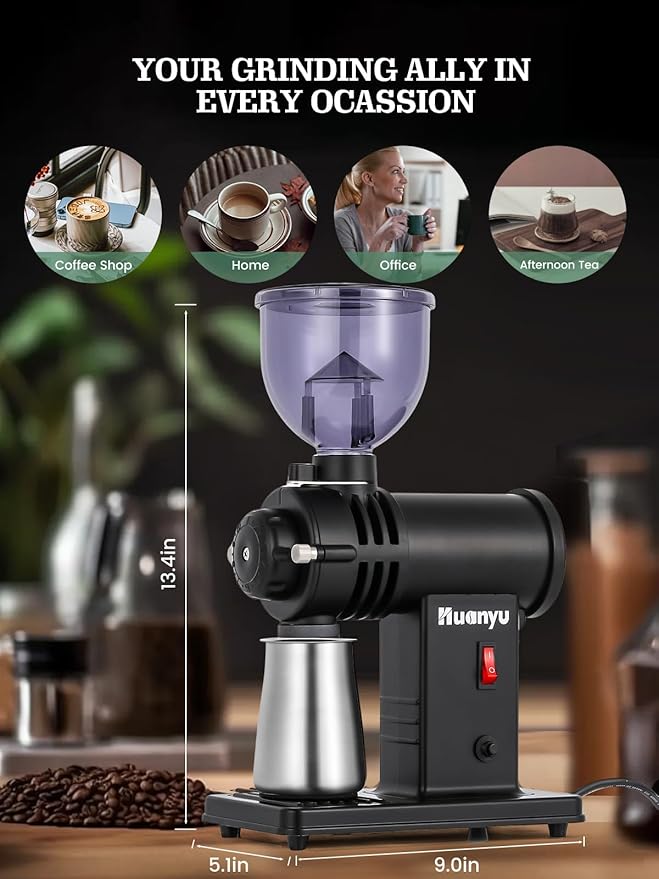 Huanyu 78mm Stainless Steel Ghost Teeth Burr Coffee Grinder Electric - Light-Shielding Hopper for Home Pour Over Coffee, Black