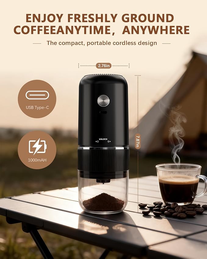 Portable Electric Coffee Grinder,Automatic Coffee Grinder with USB Type-C wireless charging design,Adjustable Coarse to Fine for coffee beans, grains, cleaning brush + cable Includes (black)