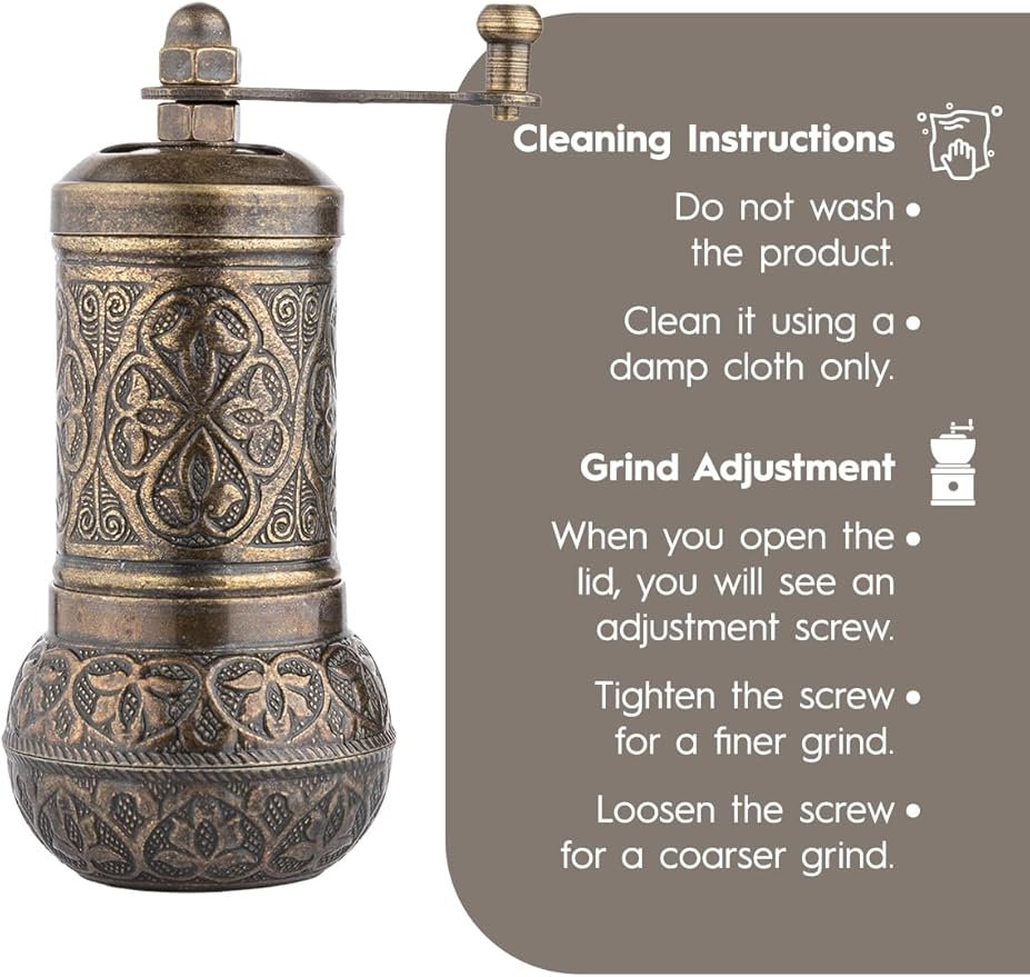 Handmade Decorative Black Pepper Grinder, Refillable Turkish Spice Mill Manual Pepper Mill with Handle, Spice Grinder Metal with Hand Crank 11 cm-4.3 inch (Mat Gold)