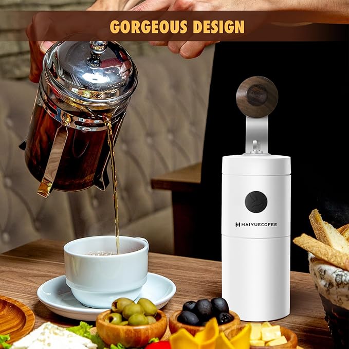 Manual Coffee Grinder - Hand Coffee Bean Grinder, Titanium-Coated Grinding Core - Aluminum Alloy Rocker with Ebony Wood Handle - Adjustable Grind Size - With Brush & Storage Bag (White)