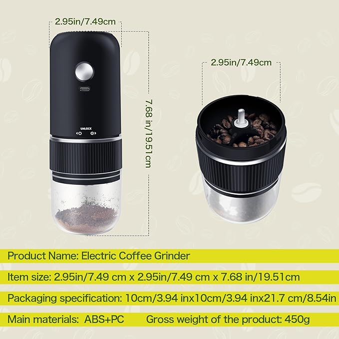 Portable Burr Coffee Grinder, Rechargeable Electric Coffee Bean Grinder with Adjustable Coarseness, Cordless Small Espresso Coffee Mill for Home Use, Travel, Camping, Office (Black)