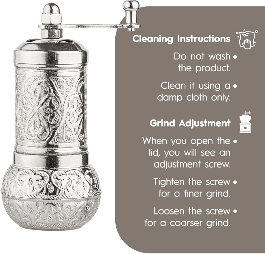 Decorative Handmade Coffee Grinder, Refillable Turkish Spice Mill, Manual Coffee Mill with Handle, Coffee Grinder Metal with Hand Crank 18 cm-7.1 inch (Silver)