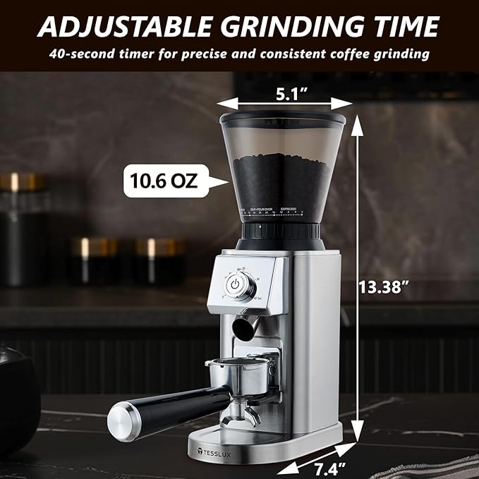 Conical Burr Coffee Grinder Electric, Espresso Coffee Bean Grinder for Home Use with 48 Precise Grind Settings, Anti-static Design, Precision Timer, Sliver