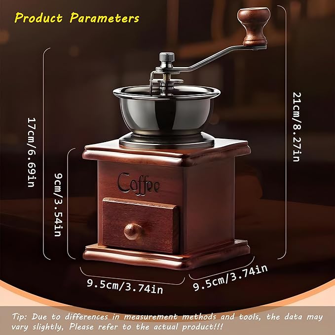 Portable Manual Coffee Grinder, Vintage Solid Wood Coffee Mill with Precision Adjustable Gear & Flavor-Preserving Ceramic Conical Burr, Hand Grinder for Home & Travel