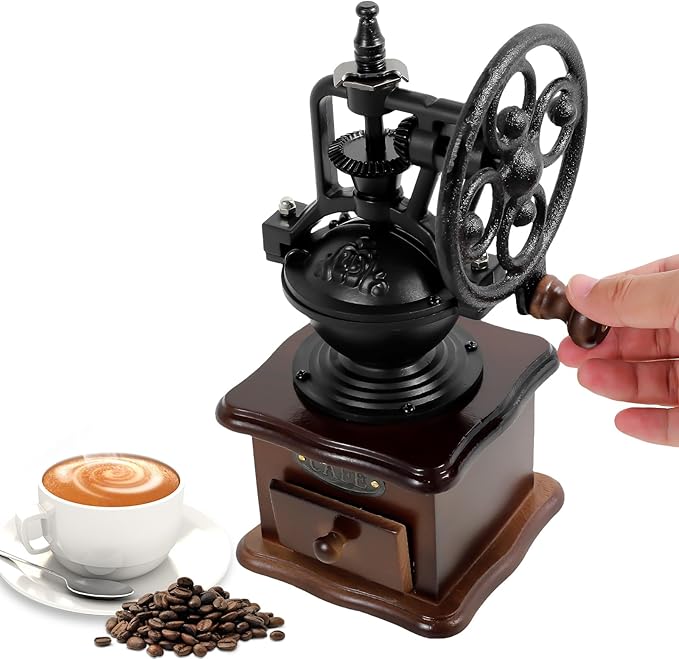 Manual Coffee Grinder, Mini Hand Coffee Grinder, Ceramic Burr Coffee Bean Mill with Hand Crank for Home Use, Travel, Camping, Pour Over, etc, 5 Adjustable Settings, Vintage Wooden Coffee Decor
