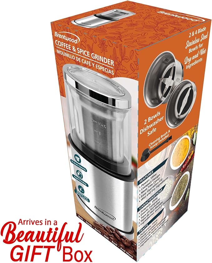 Brentwood CG-162S 75-Gram Electric Wet and Dry Coffee Bean, Herb, and Spice Grinder, Black