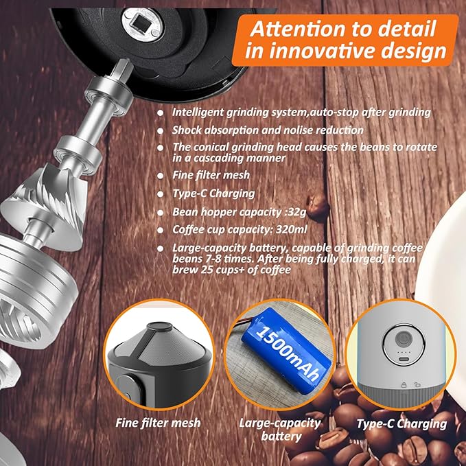 Portable All-in-one Electric Burr Coffee Grinder and Brewing Kit, Rechargeable with Conical Mill & Insulated Stainless Steel Cup, for Camping, Travel, Office, Home Use (White)