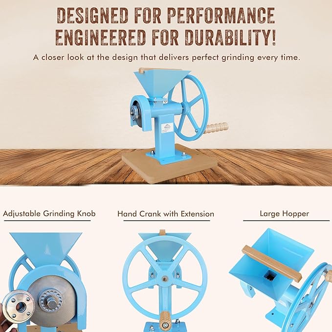 Manual Hand Grain Mill Blue | Heavy-Duty Hand Operated Food Grinder for Wheat, Corn, Oats, Coffee Beans, Rice & Dry Grains | Hand Crank Kitchen Flour Mill for Home, Camping, Survival & Everyday Use