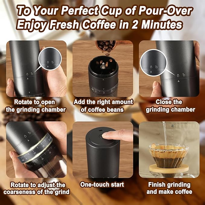 Portable Electric Coffee Grinder Cordless Small Grinders Adjustable Coffee Bean Grinder One-Button Burr Coffee Grinder French Press Moka, for Home, Travel, Camping