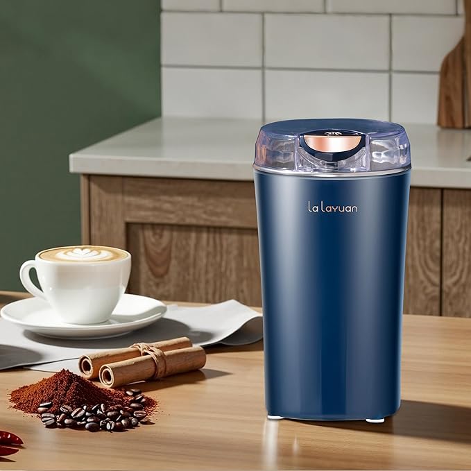 Electric Coffee Grinder, 200W, Stainless Steel Cutter Head, Portable, Household Spice Grinder, 28,000 RPM, Can Make 12 Cups of Coffee At A Time, Suitable for Office Camping (Blue)