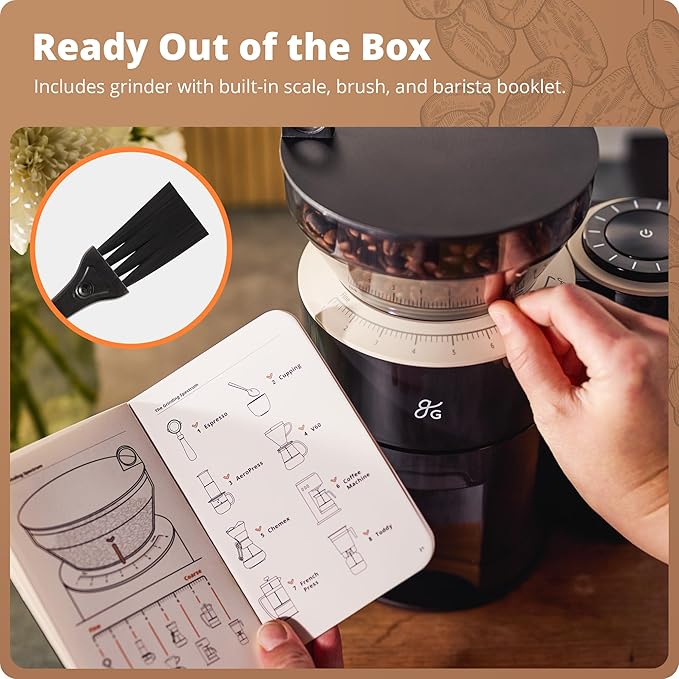 Greater Goods Coffee Grinder with Scale, One-Touch Electric Conical Burr Grinder with 8-Position Grind Selector, Anti-Static Grounds Basket, Onyx Black