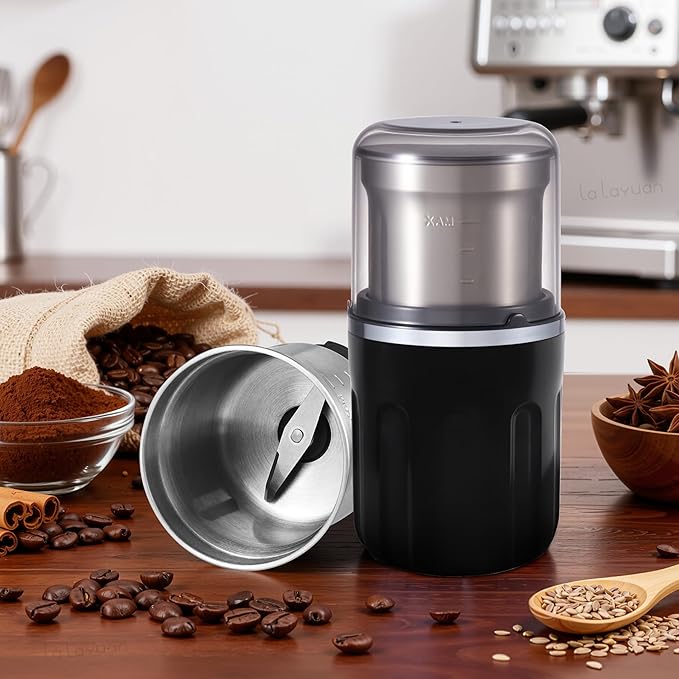 Electric Coffee Grinder, 28000rpm, Vegetable, Seed, Spice Grinding, Kitchen Wet Grinding and Dry Grinding 2-in-1, Removable Bowl, US Plug (Black, Dry Grind (1 Bowl))