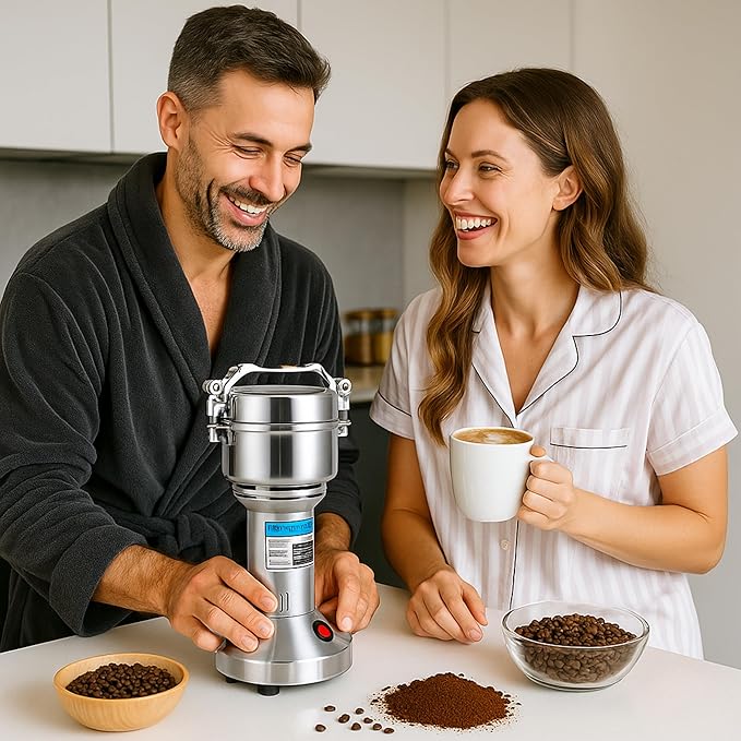 High Speed Electric Grain Mill Grinder – Silver 150g Capacity Flour Grinder with 304 Stainless Steel Blades and Accessories Compact Automatic Grain Mill for Flour Nuts Spices Coffee Herbs