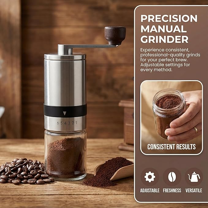 Manual Coffee Grinder – Professional Stainless Steel Burr Mill with 6 Adjustable Settings – Portable Hand Crank Grinder for Espresso to French Press – Glass Grounds Container & Ergonomic Wooden Handle
