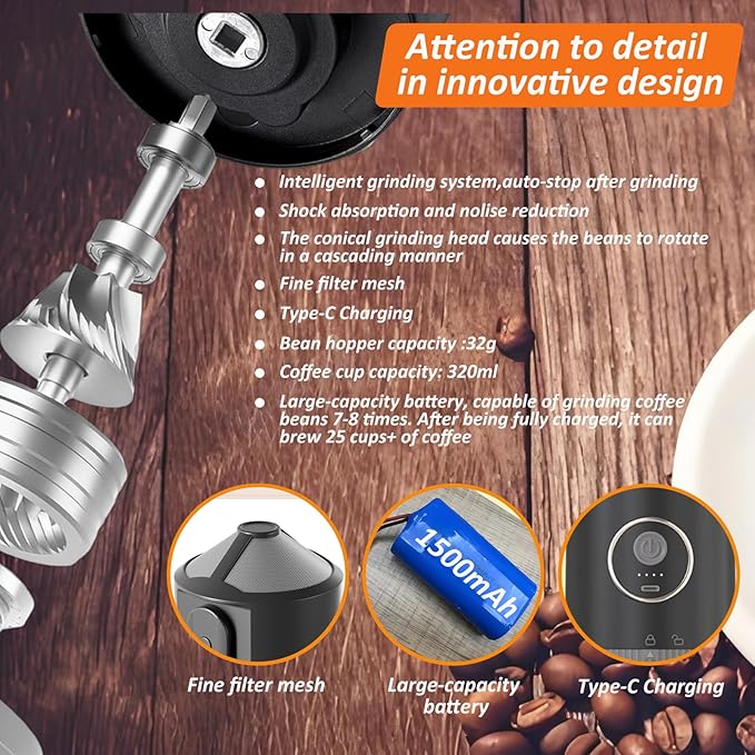 Portable All-in-one Electric Burr Coffee Grinder and Brewing Kit, Rechargeable with Conical Mill & Insulated Stainless Steel Cup, for Camping, Travel, Office, Home Use (Black)
