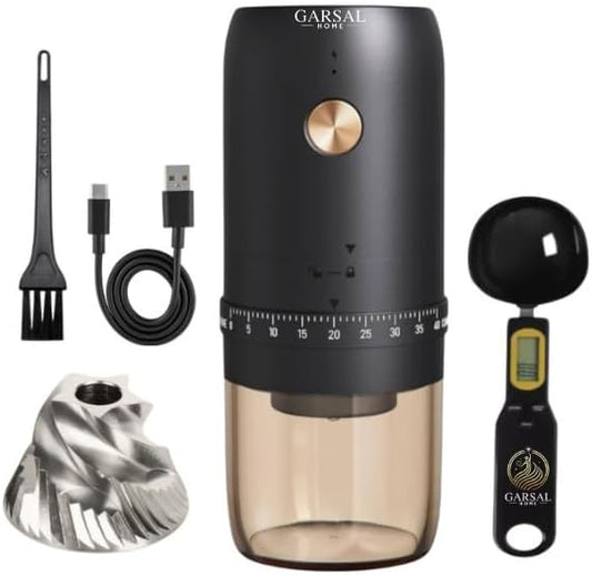 Garsal home. Electric Burr Coffee Grinder with 40 Grind Settings, Stainless Steel Conical Blades, Digital Measuring Spoon, USB-C Rechargeable Battery.