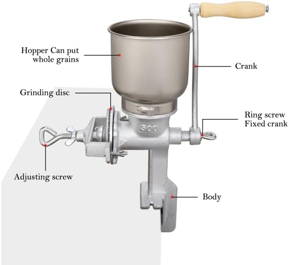 Manual Grain Grinder Mill Silver – Adjustable Hand Crank Food Mill for Home Kitchen Use – Portable Cast Iron Corn Wheat Coffee Grinder with Clamp Mount – Durable Grain Mill for Efficient Grinding