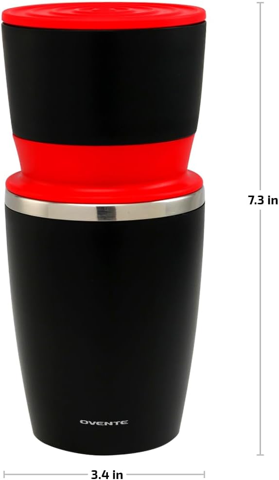 OVENTE Manual Coffee Grinder & Maker, Portable Hand Coffee Bean Mill with Ceramic Burr, Foldable Stainless Steel Grinding Handle & Filter Dripper, Outdoor Tumbler for Traveling or Camping, Red CMB281R