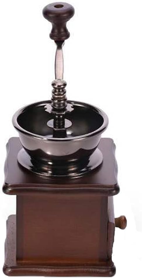 Wooden Manual Coffee Grinder Vintage Style Hand Coffee Mill Burr Coffee Grinder with Ceramic Hand Crank,Wooden Manual Coffee Grinder Cleaning Brush, Brown, 19 x 8.5 x 16 cm
