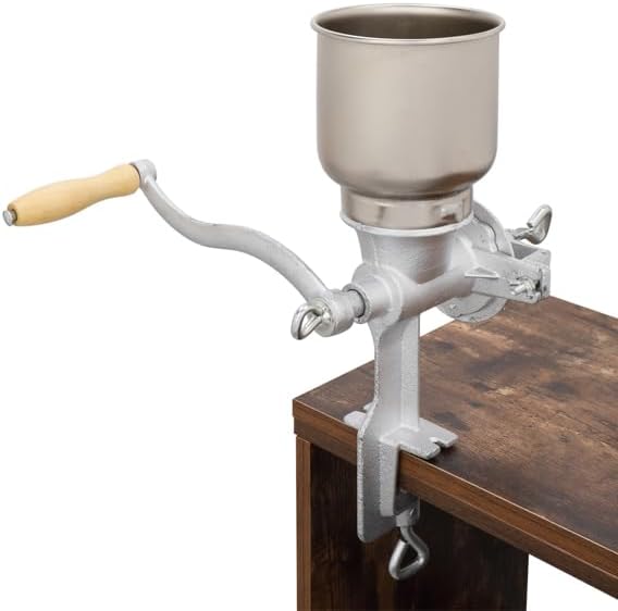 Manual Grain Grinder Mill Silver – Adjustable Hand Crank Food Mill for Home Kitchen Use – Portable Cast Iron Corn Wheat Coffee Grinder with Clamp Mount – Durable Grain Mill for Efficient Grinding