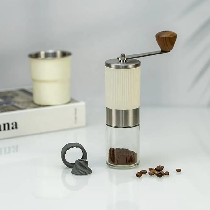 Manual Coffee Grinder, Stainless Steel Hand Coffee Bean Grinder with Glass Jar, Ceramic Conical Burr & Dual Bearings, Adjustable Coarseness, Portable 100 ml Capacity
