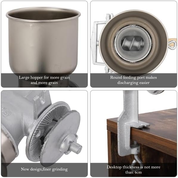 Manual Grain Grinder Mill Silver – Adjustable Hand Crank Food Mill for Home Kitchen Use – Portable Cast Iron Corn Wheat Coffee Grinder with Clamp Mount – Durable Grain Mill for Efficient Grinding