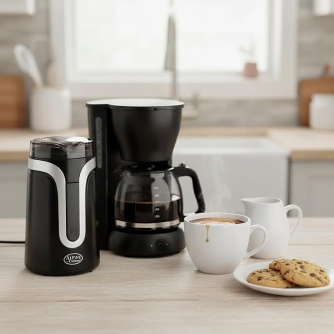 Alpine Cuisine Electric Coffee Bean Grinder with Stainless Steel Sharp Blades & ETL Approval | Makes up to 15 Cups – Black, Plastic Grinder for Kitchen Beans, Spices | One Touch Push-Button Control