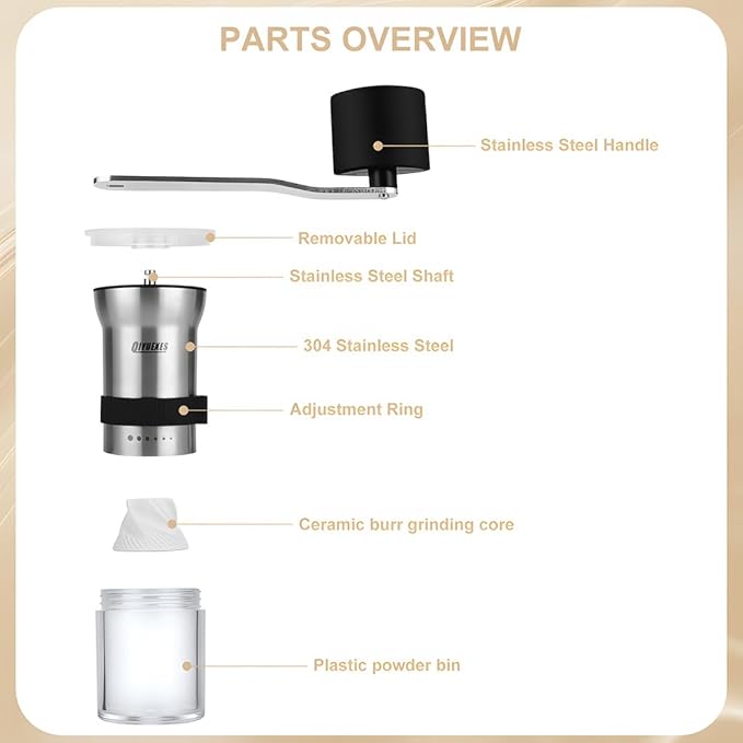Manual Coffee Grinder, Portable Stainless Steel Hand Crank, 6 Coarseness Settings, Burr Coffee Grinder with Ceramic Burrs, Perfect for Families, Camping