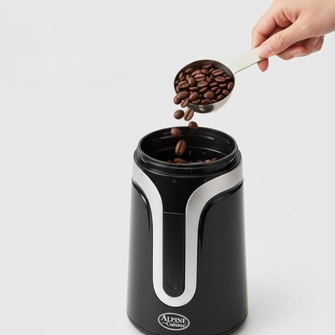 Alpine Cuisine Electric Coffee Bean Grinder with Stainless Steel Sharp Blades & ETL Approval | Makes up to 15 Cups – Black, Plastic Grinder for Kitchen Beans, Spices | One Touch Push-Button Control