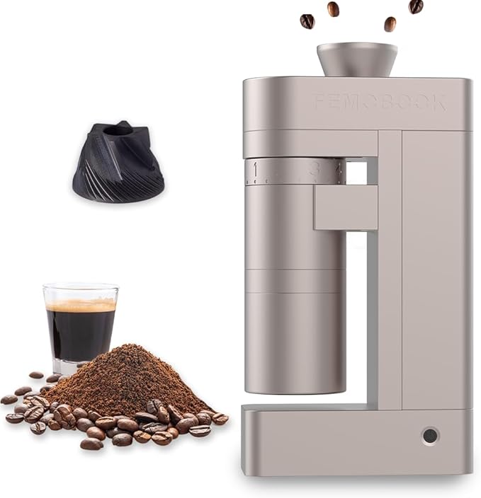 Femobook-A4 Electric Burr Coffee Grinder, Single Dose Espresso Grinder USB Rechargeable Cordless Burr Grinder with Replaceable Batteries, Champagne Gold