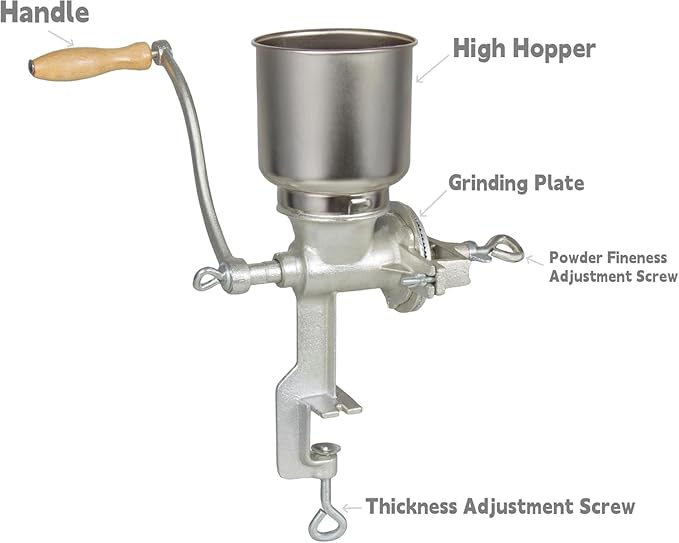 High Hopper Manual Coffee Grinder, Hand Crank Mill for Grains, Corn, Wheat & Spices - Adjustable Coarseness Settings, Cast Iron Construction, Large Capacity, Easy to Clean