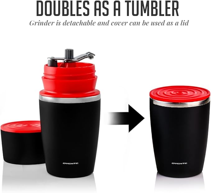 OVENTE Manual Coffee Grinder & Maker, Portable Hand Coffee Bean Mill with Ceramic Burr, Foldable Stainless Steel Grinding Handle & Filter Dripper, Outdoor Tumbler for Traveling or Camping, Red CMB281R