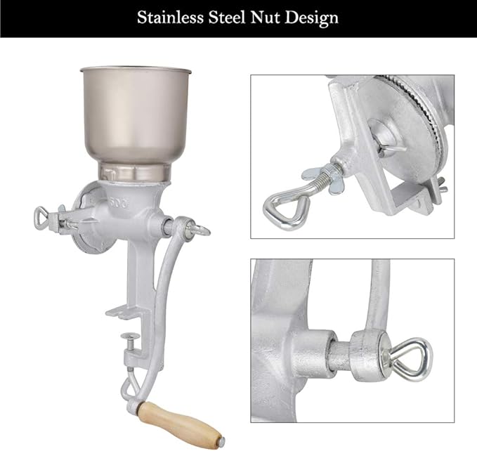 Hand Crank Grain Mill, Hand Crank Manual Grain Grinder Portable Table Clamp Maker Corn Mill for Wheat Grains coffee Nut Mill Tall Home Kitchen Commercial Use,Silver
